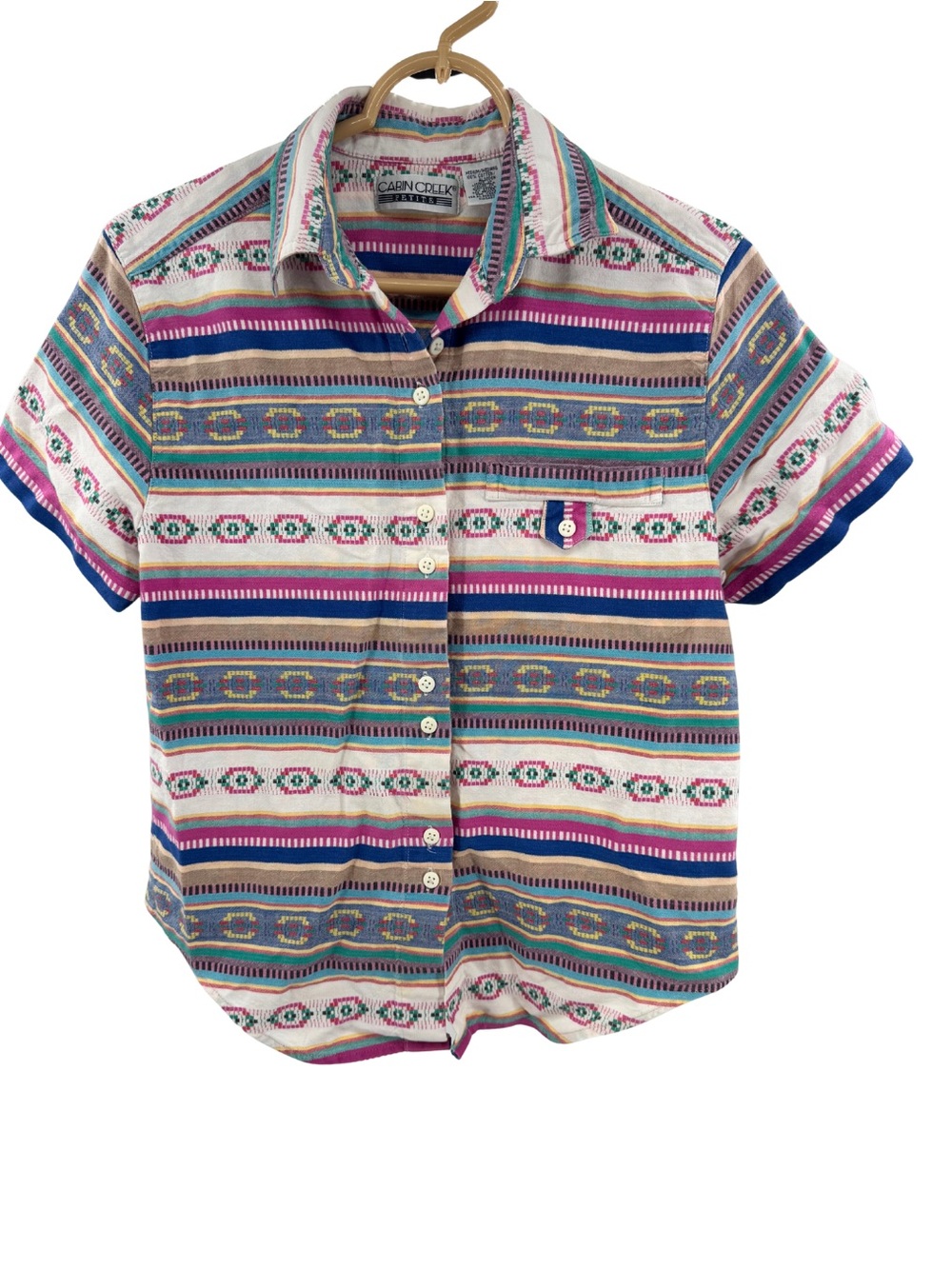 Cabin Creek Striped Multi-Color Cotton Top M vintage button up short sleeve